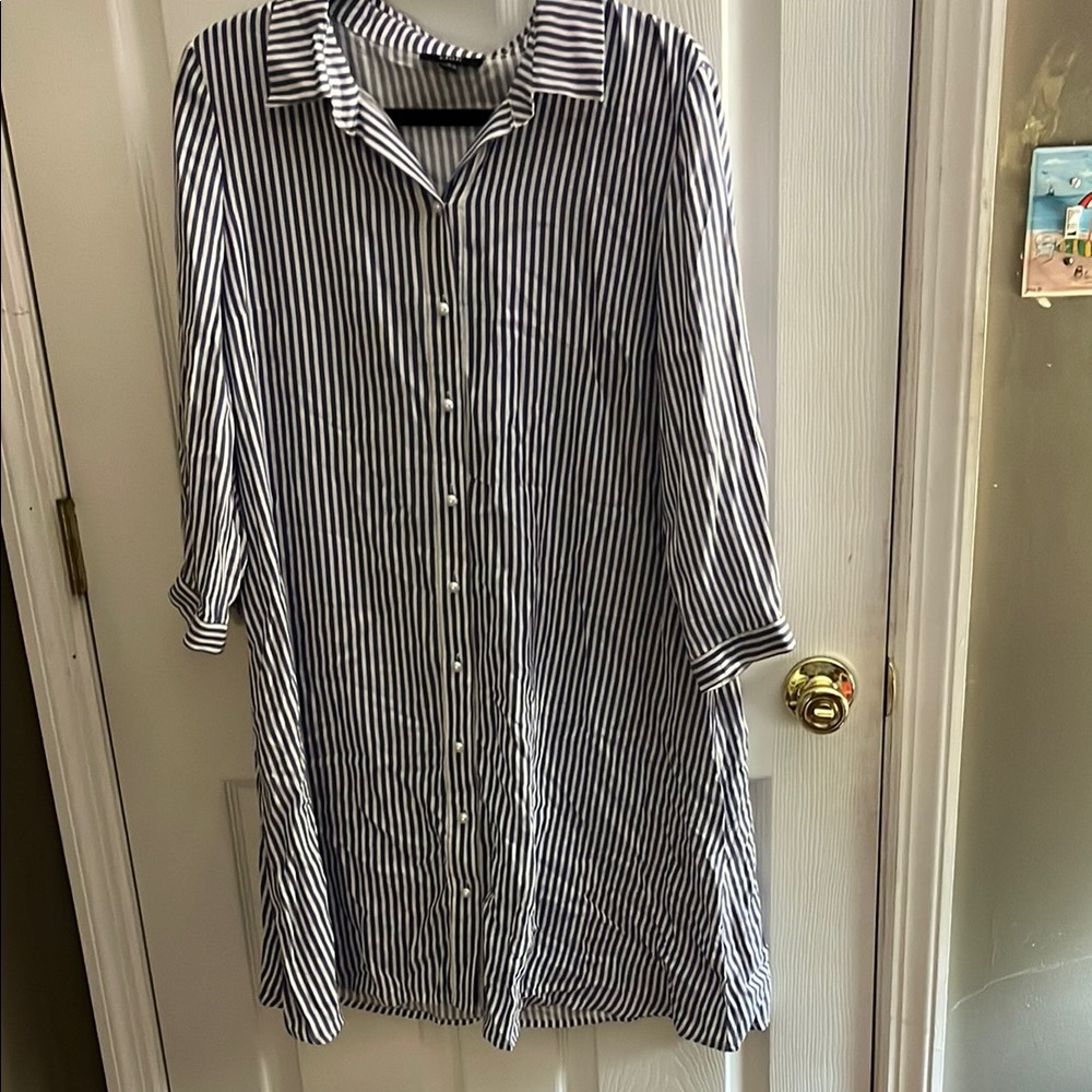 MSK White and Blue Casual Button Down Dress with Stripes